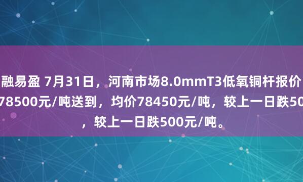 融易盈 7月31日，河南市场8.0mmT3低氧铜杆报价78400-78500元/吨送到，均价78450元/吨，较上一日跌500元/吨。